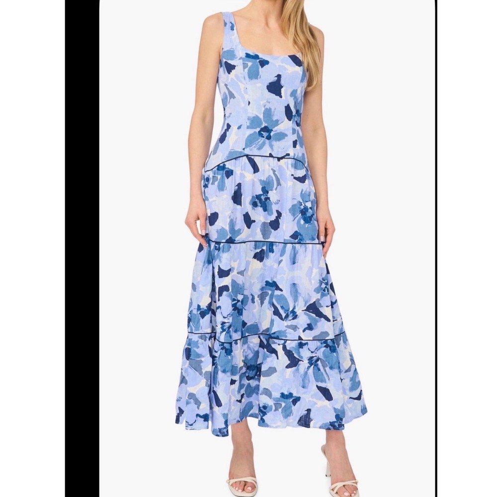 CeCe Moonlight Blue Floral Drop Waist Maxi Dress XL New Linen Blend